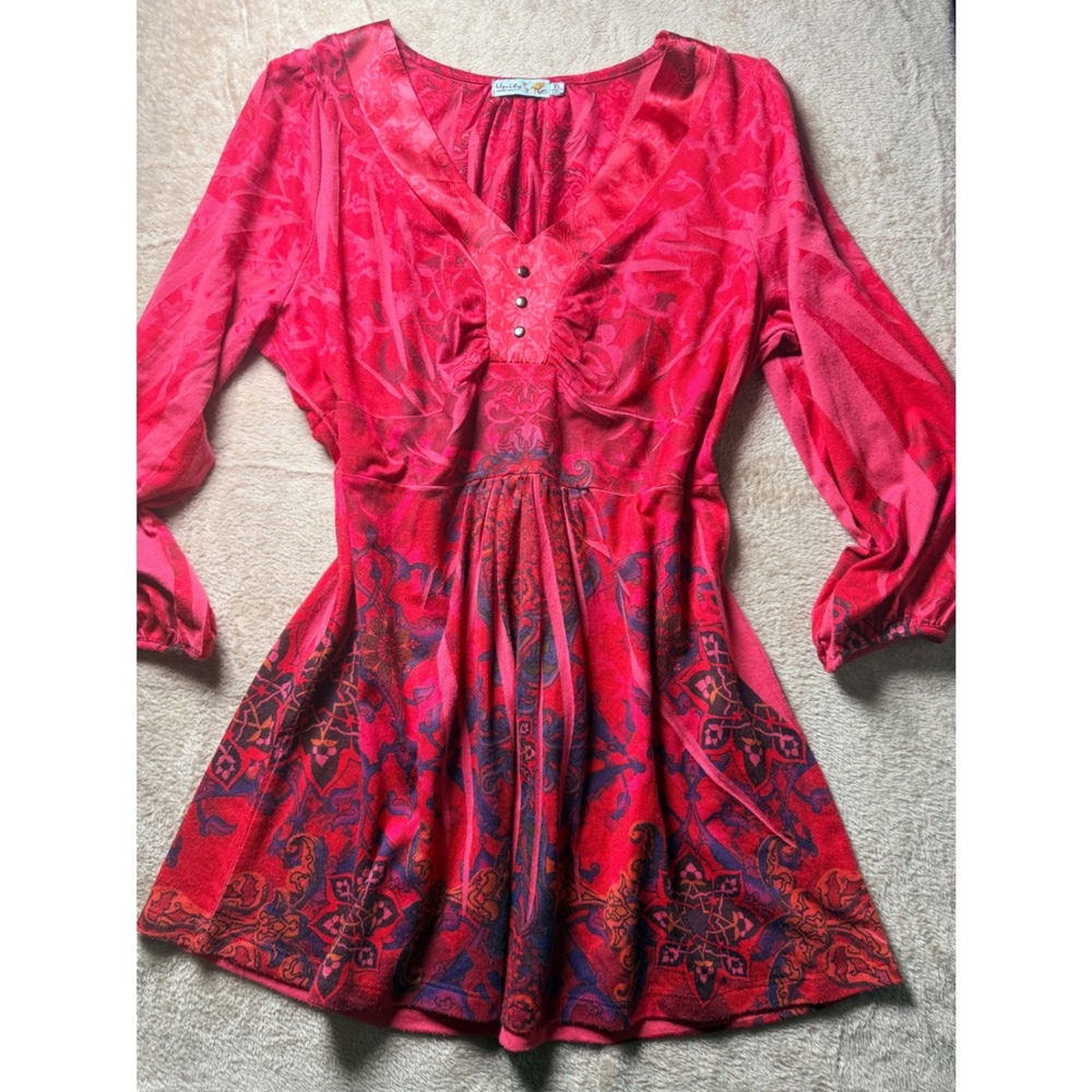 Unity World Wear Red Paisley Empire Waist V-Neck Tunic Top XL Boho Hippie‎